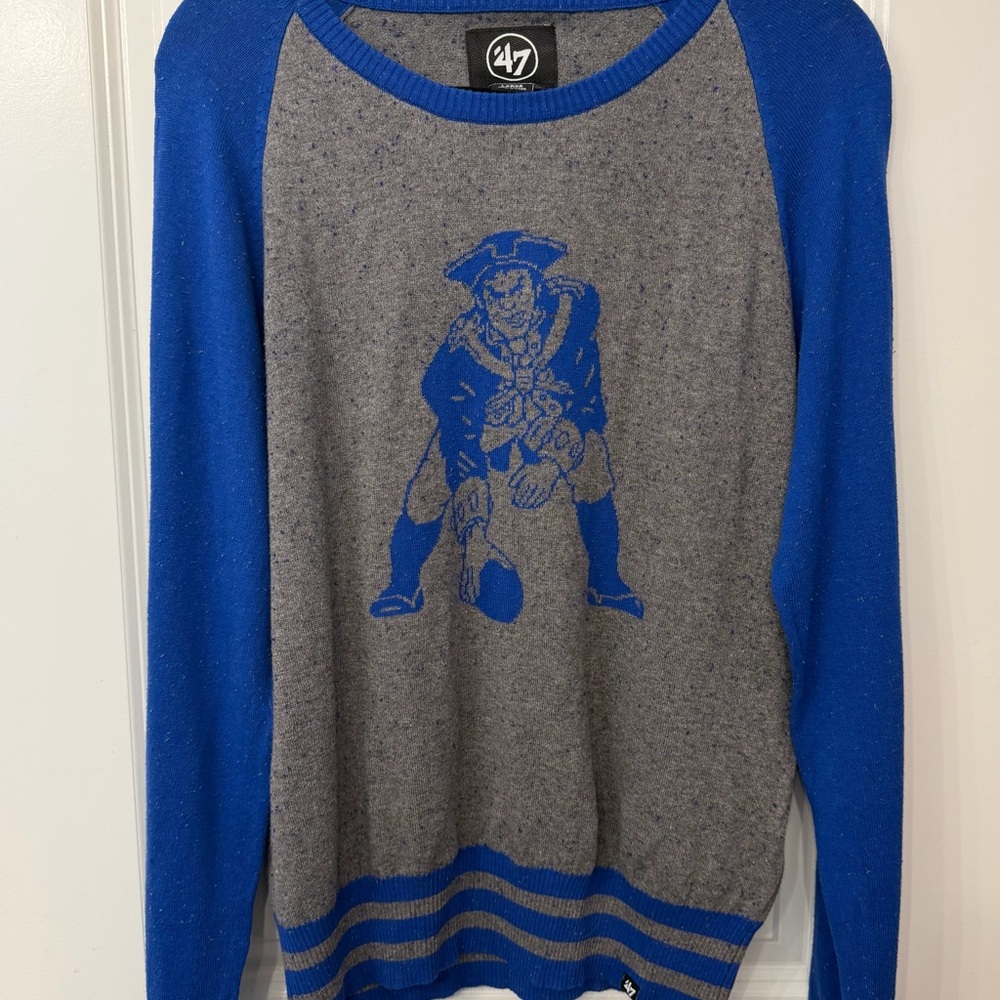 47 Patriots Women’s Blue and Gray Crewneck Knit Sweater NFL